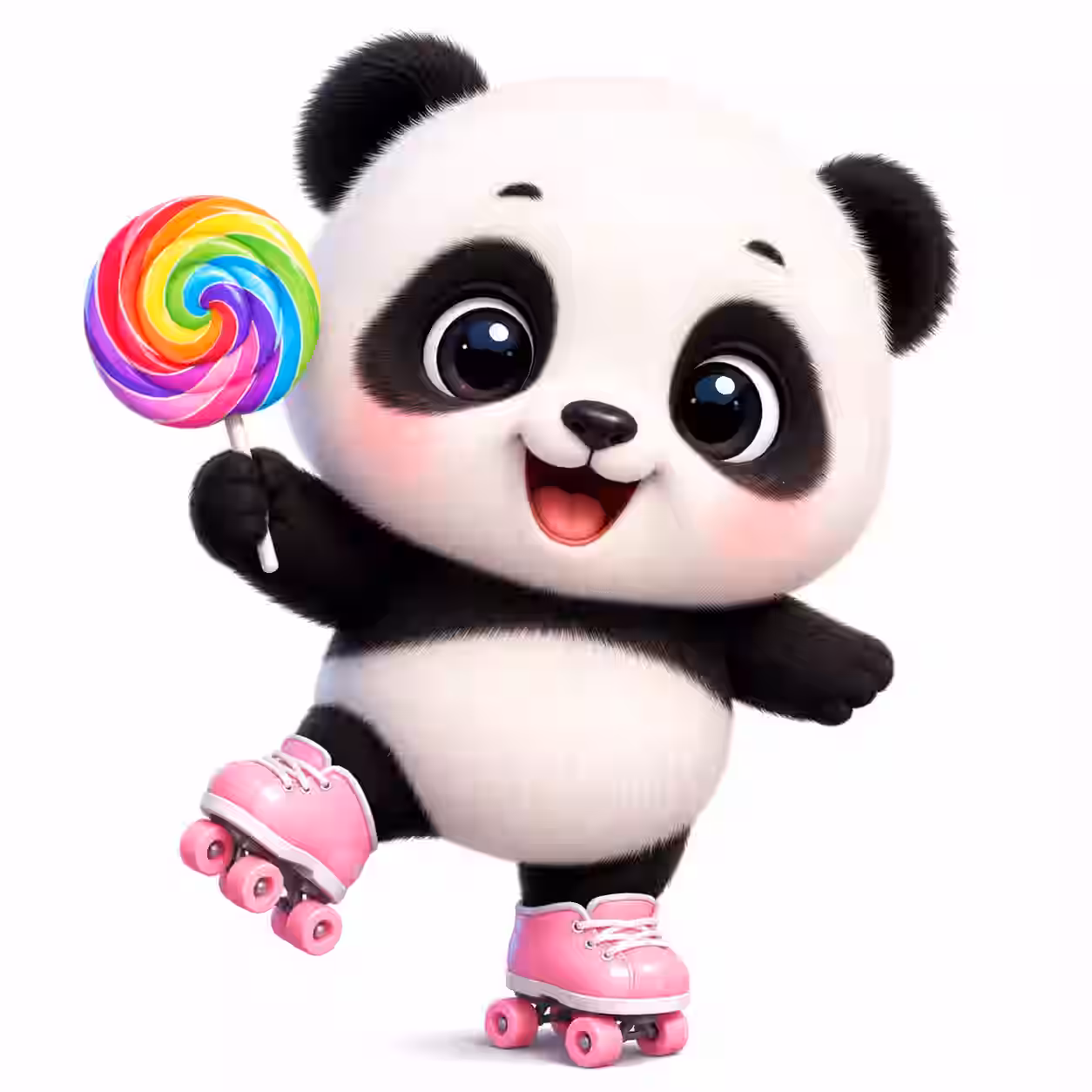 Cute 3D baby panda wearing pink roller skates and holding a giant rainbow lollipop on a white background
