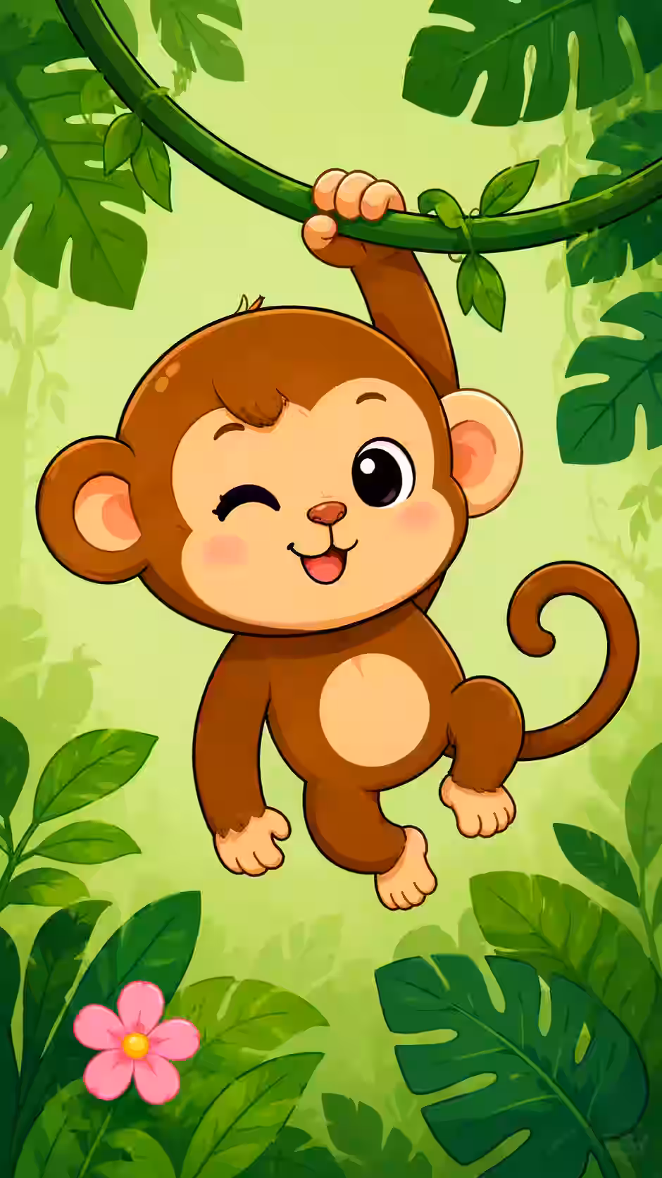 A cute cartoon monkey with a winking eye, brown fur, and a light belly, hanging from a green vine amidst large green leaves and a pink flower in a jungle setting.