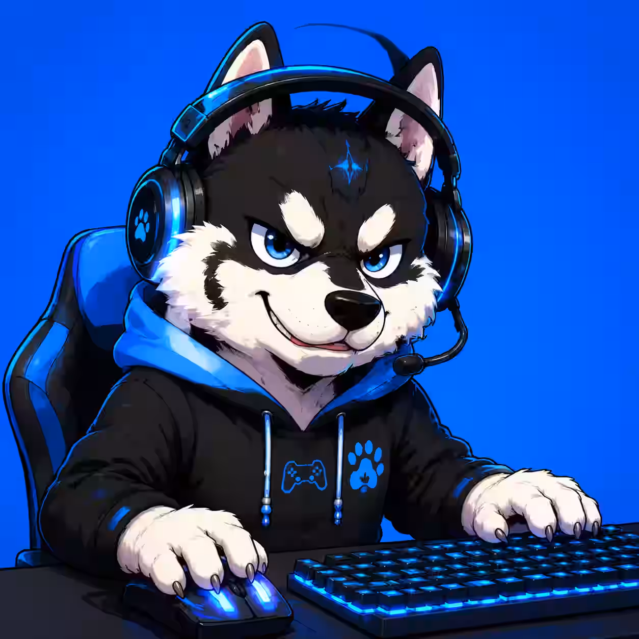 Siberian Husky wearing gaming headset and hoodie at computer setup cartoon avatar.