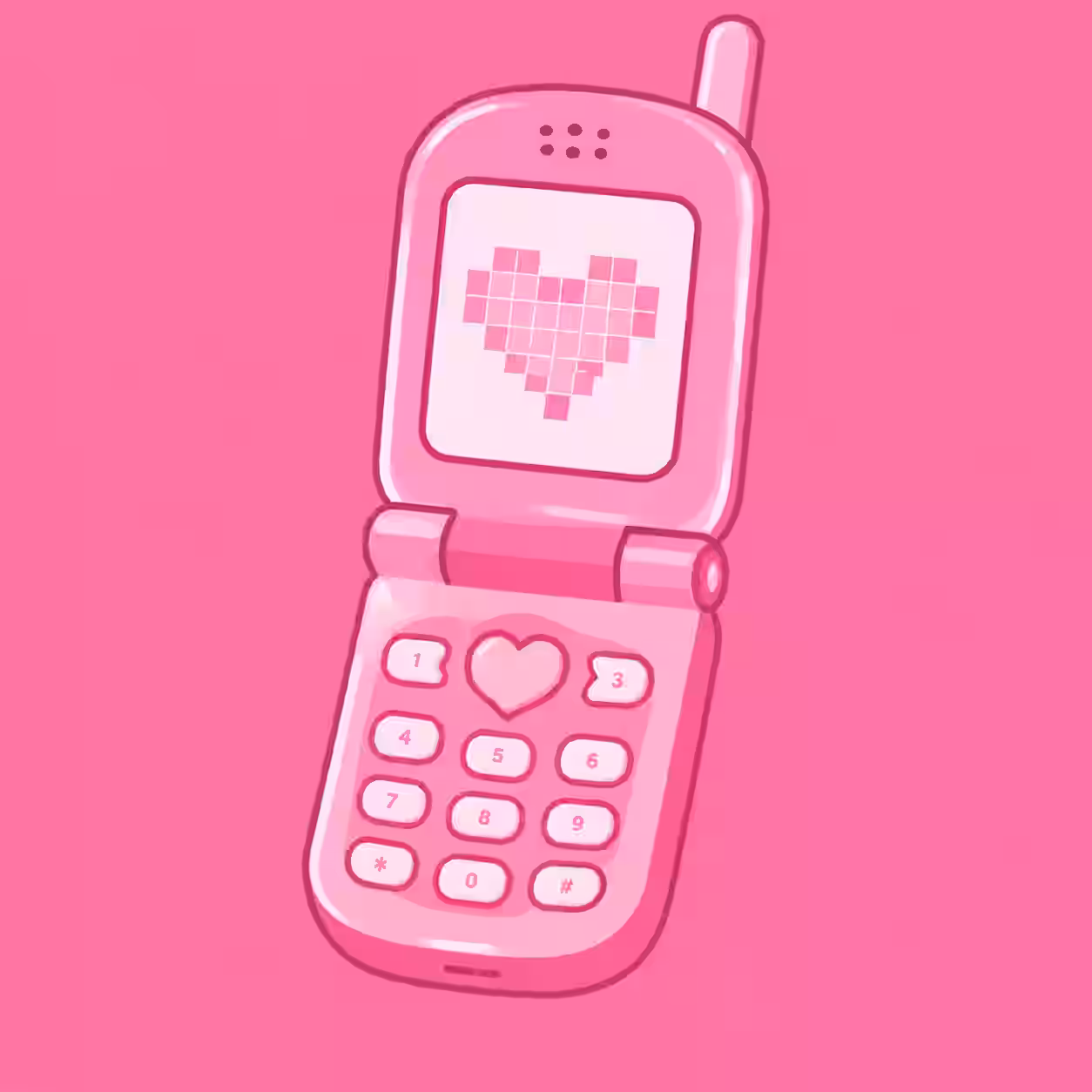 Cute pink flip phone cartoon profile picture with pixel heart screen and retro style.