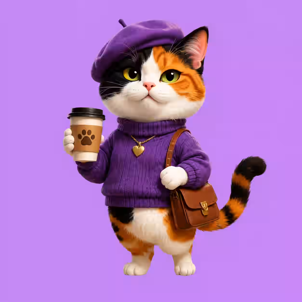 Cute calico cat wearing a purple beret and sweater while holding a coffee cup and brown shoulder bag, cartoon profile picture on a purple background.