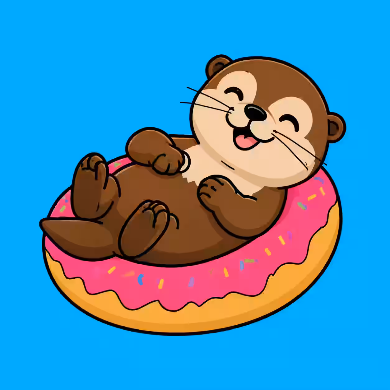 Cute smiling cartoon otter relaxing on a pink frosted donut float against a bright blue background.