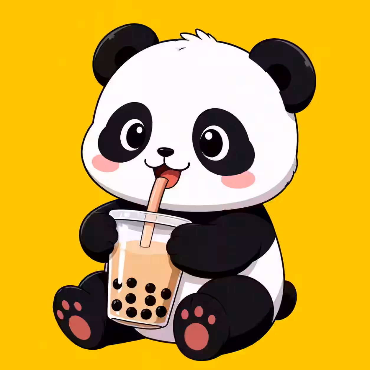 Cute kawaii panda drinking bubble tea on a bright yellow background.