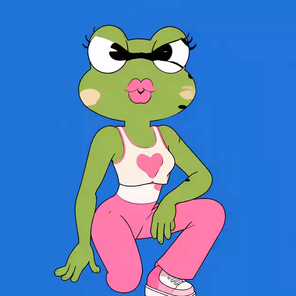 Cool green frog girl cartoon profile picture wearing pink clothes with a confident pose.