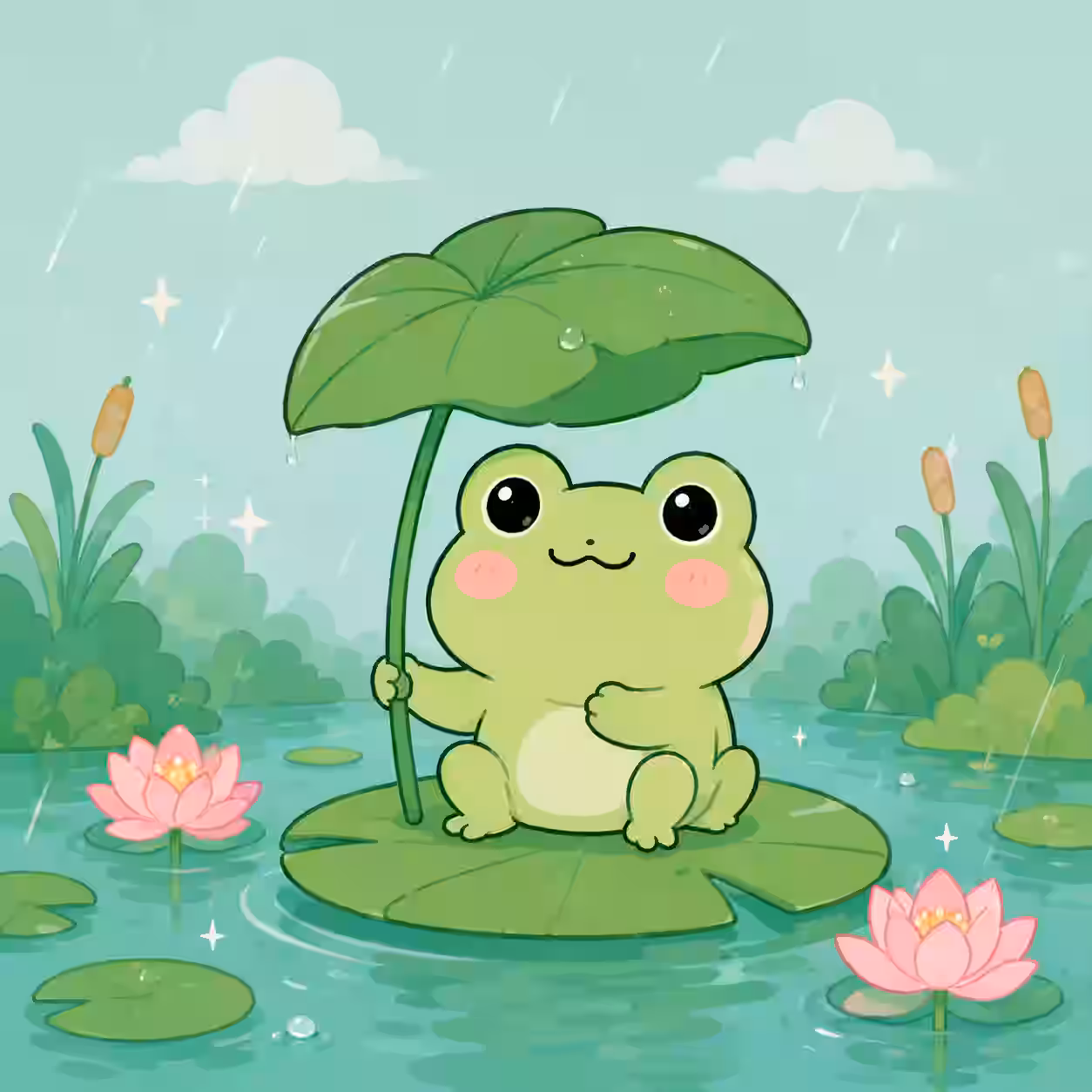 A cartoon frog with big eyes and rosy cheeks sits on a lily pad, holding a large lily pad as an umbrella. It's raining, with pink lotus flowers and greenery in the background.