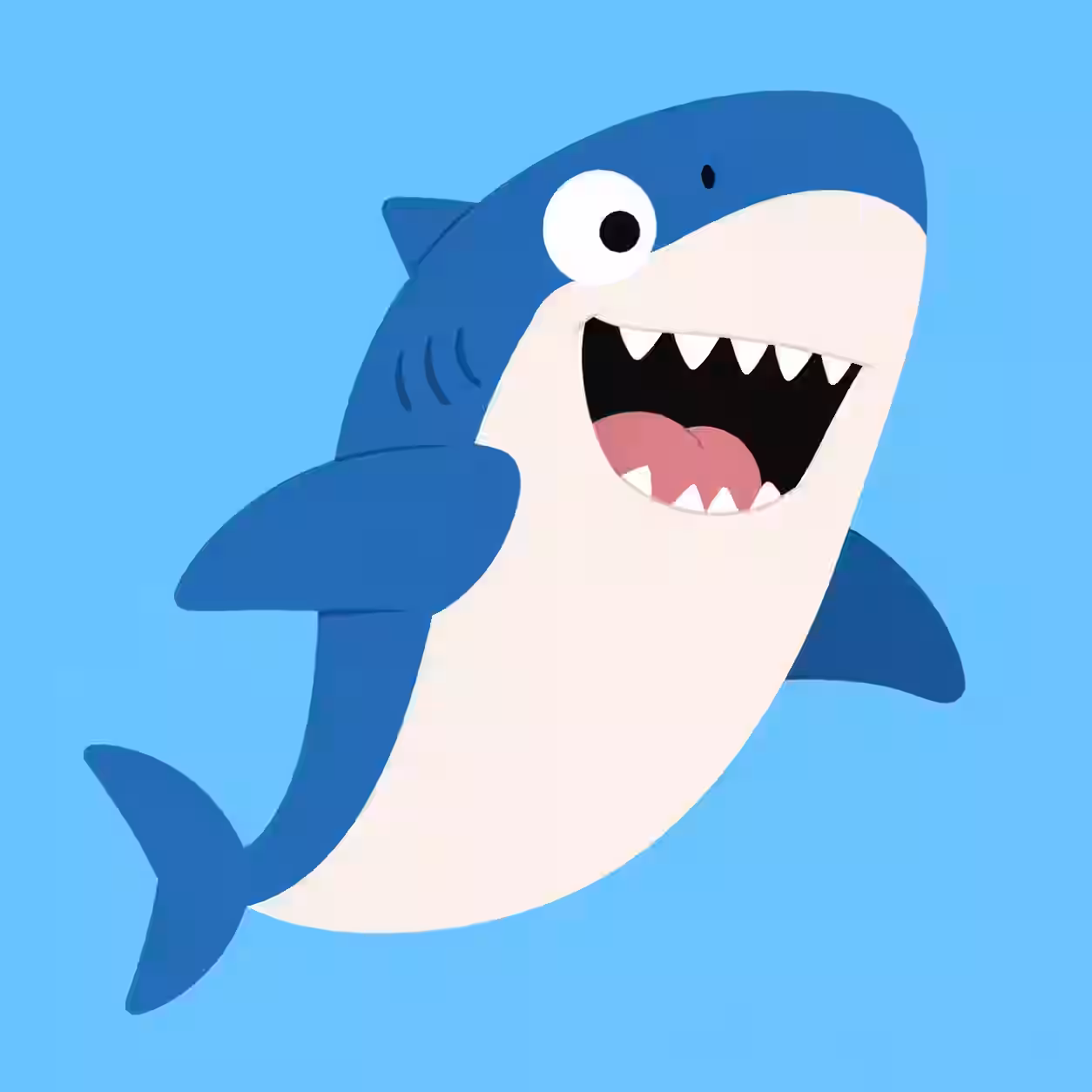 Cute cartoon shark with a big smile on a blue background.