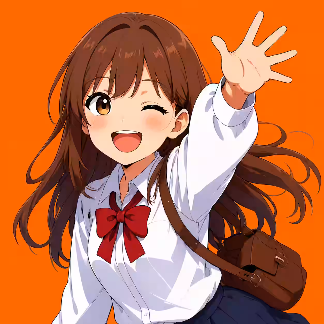 Cute anime school girl waving with a smile and brown school bag.