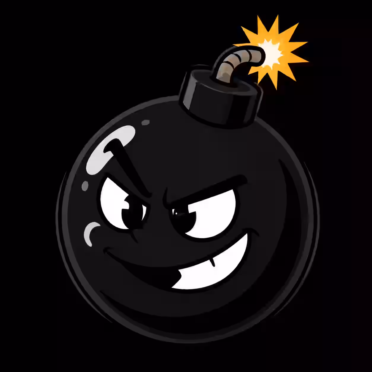 Black cartoon bomb with a mischievous smile, angry eyes, and a lit fuse on a black background.