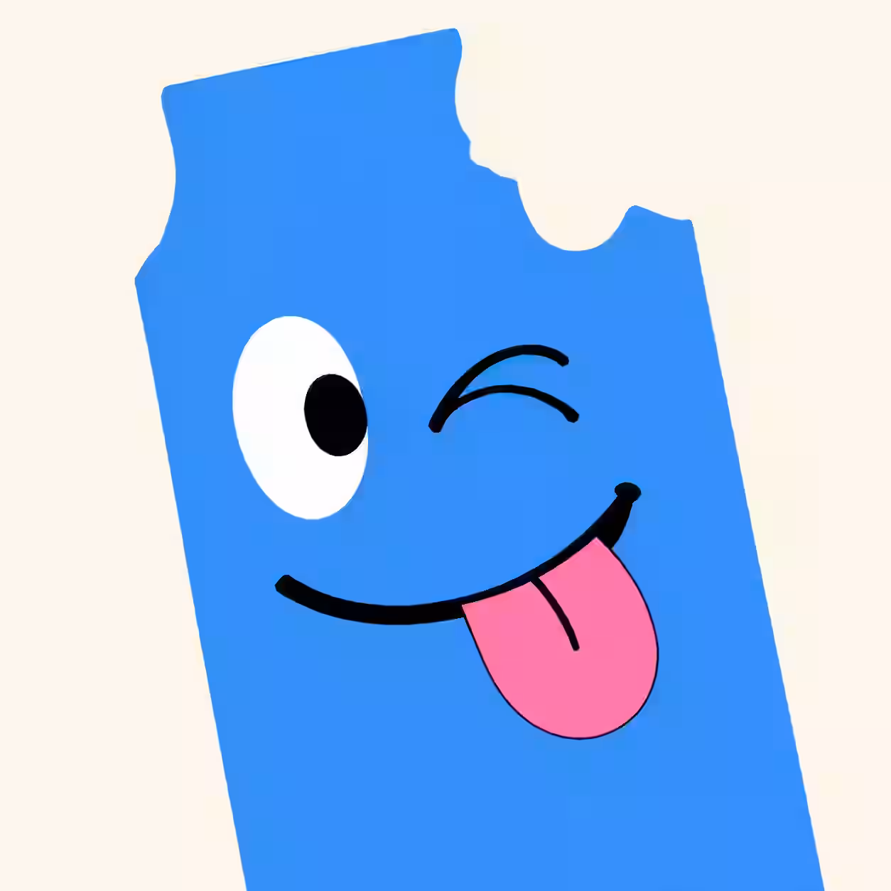 Blue puzzle piece cartoon profile picture with a winking face and playful tongue expression.
