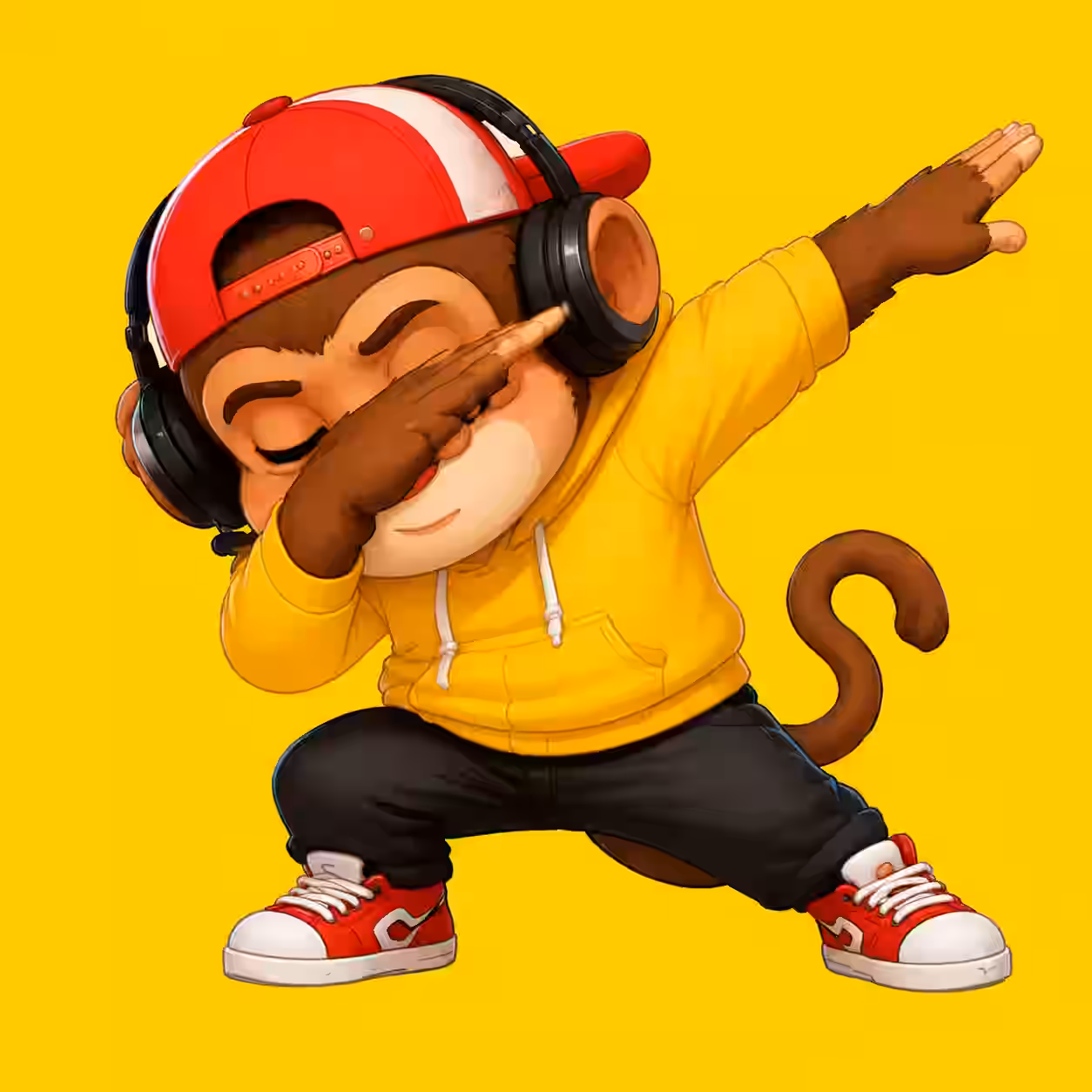 Funny monkey wearing yellow hoodie and headphones doing dance pose on yellow background cartoon avatar.