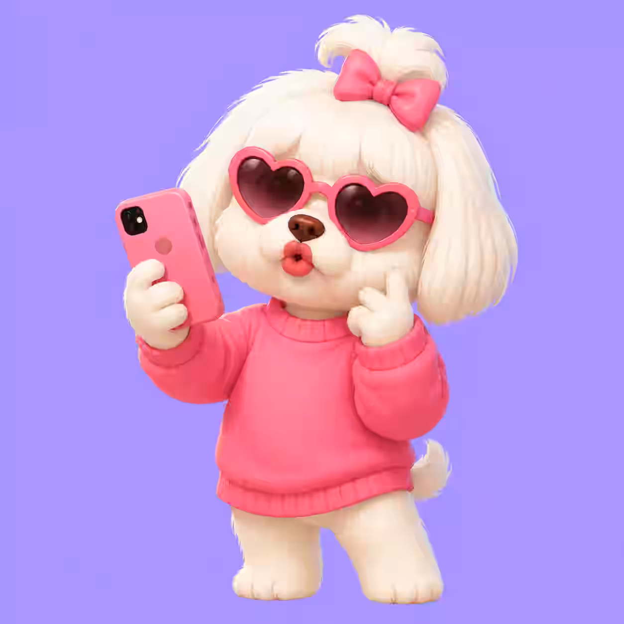 Cute white puppy wearing pink sweater and heart sunglasses taking selfie with phone cartoon avatar.