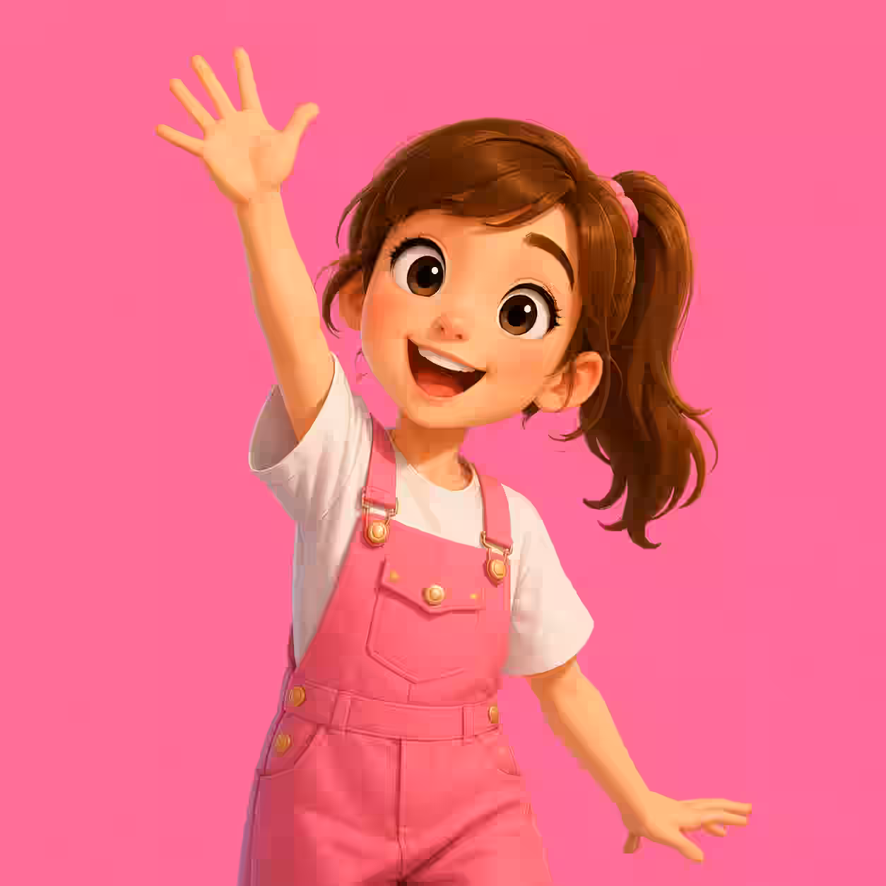 Cute anime girl in pink overalls happily waving on a pink background.