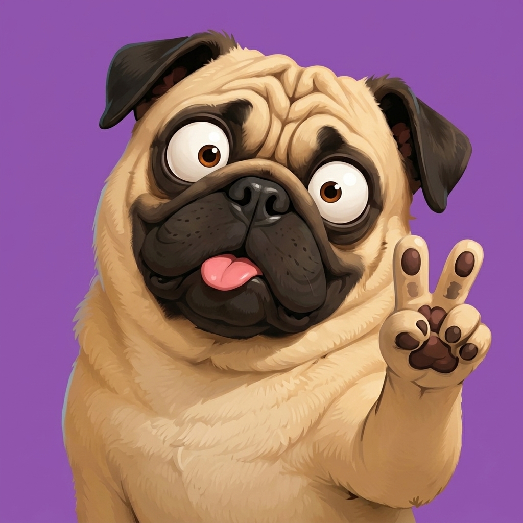 Funny pug dog PFP making a peace sign with crossed eyes and tongue out on a purple background.