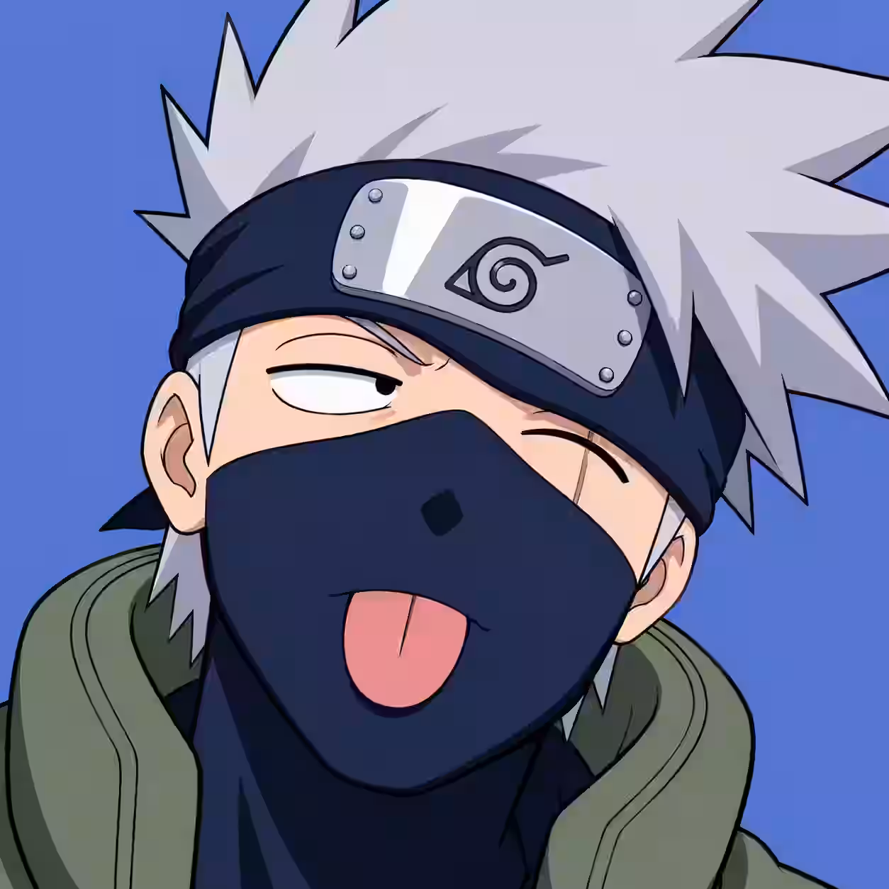Funny Kakashi anime profile picture with a wink, tongue out, and Hidden Leaf headband on a blue background.