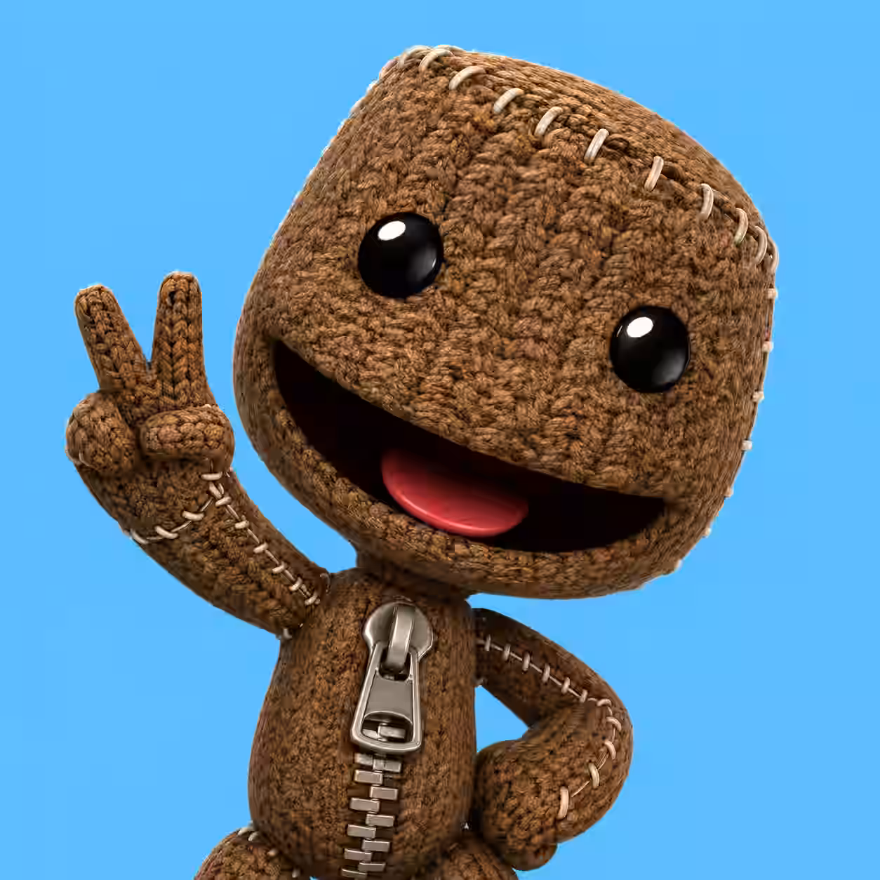 Cute Sackboy smiling and making a peace sign, close-up knitted character with zipper on a bright blue background.