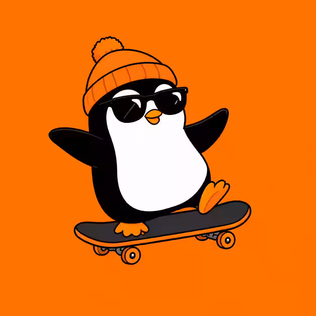 Cute cartoon penguin wearing black sunglasses and an orange beanie while riding a skateboard on an orange background.