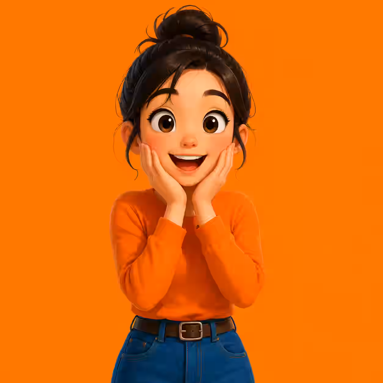 Cute anime girl with a messy bun and excited smile on an orange background.