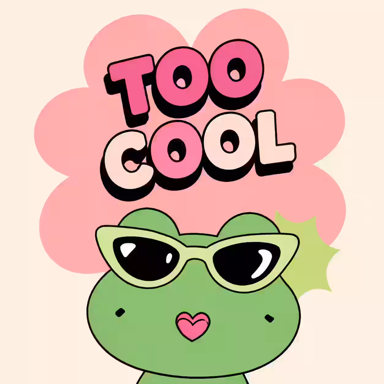 Cute green frog wearing stylish sunglasses with the words Too Cool on a pastel background.